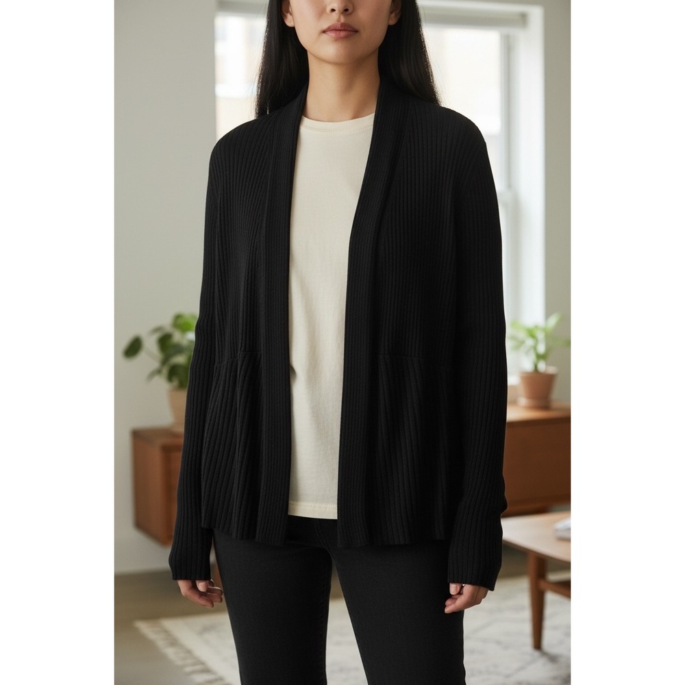 Eileen Fisher Black Ribbed Knit Wrap‎ Cardigan Merino Wool Italian Yarn Sz Large